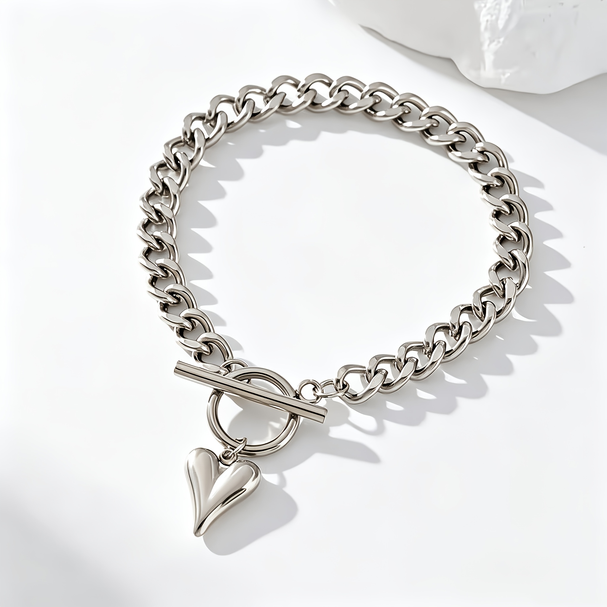Stylish Stainless Steel Cuban Link Heart-Shaped Pendant Bracelet